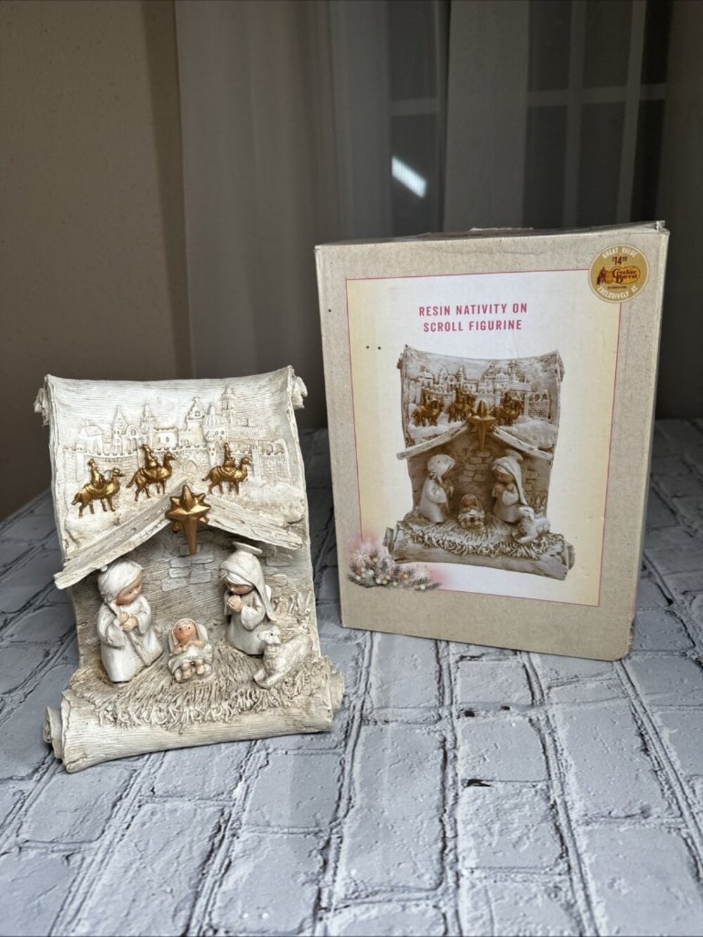 Cracker Barrel Resin Nativity Scene on Scroll Figurine Christmas 7.5”x6.25”